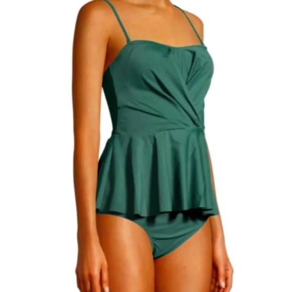 Nicole Miller 2Piece Bandeau Peplum Tankini Wicross Front Swim Green Woman’s M - Picture 3 of 13